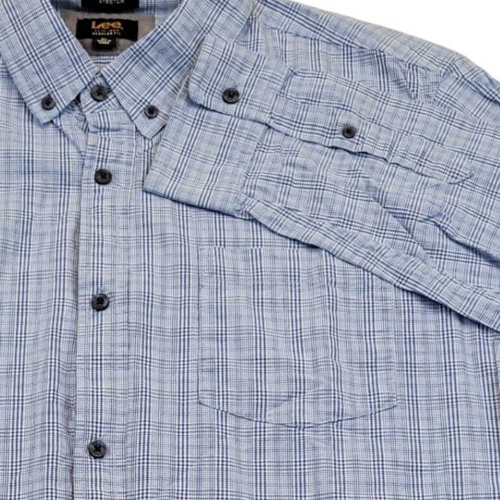 Mens LEE Stretch Regular L/S Shirt XL Blue White Plaid Button Down Casual